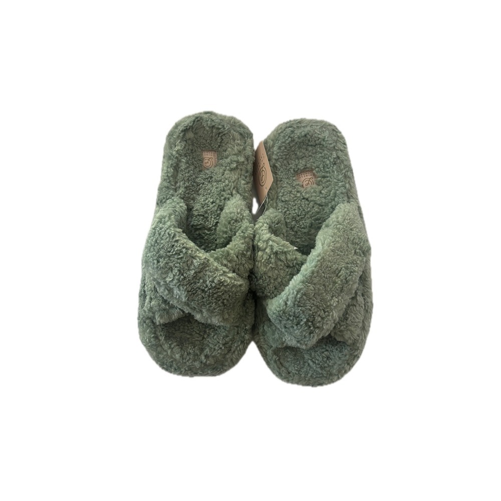 Chinese Laundry Green Faux Fur Crisscross Slippers Size S 5-6